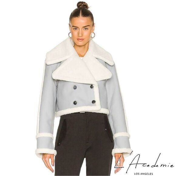 L'Academie **NWT** Elijah Leather Shearling Jacket in Powder Blue Grey (Revolve) - Picture 3 of 8